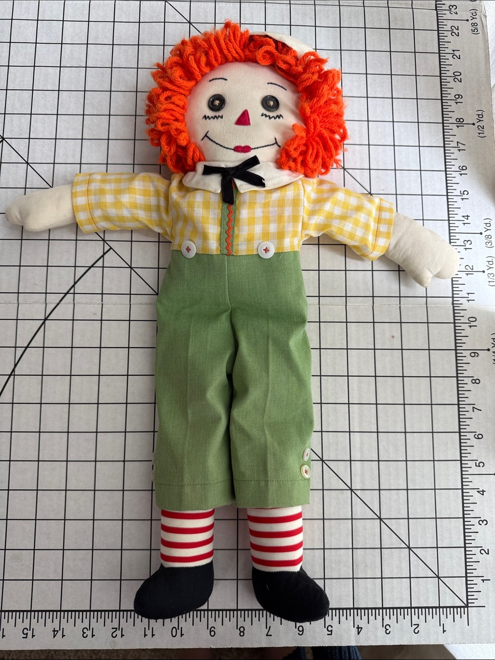 Handmade Raggedy Andy Style Cloth Doll Primitive Folk Art Yarn Hair 22”